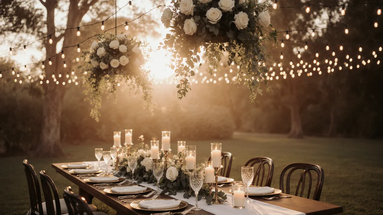 Cinematic wedding venue at golden hour with fairy lights and hanging florals